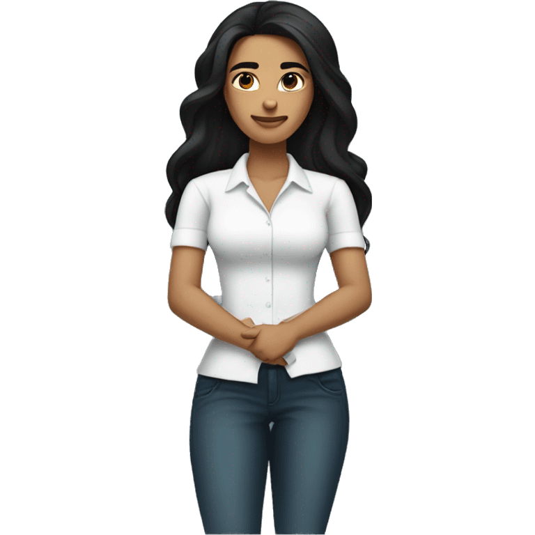 A woman with a confident expression, arms crossed, long black hair, wearing a bright white shirt, light skin tone
 emoji