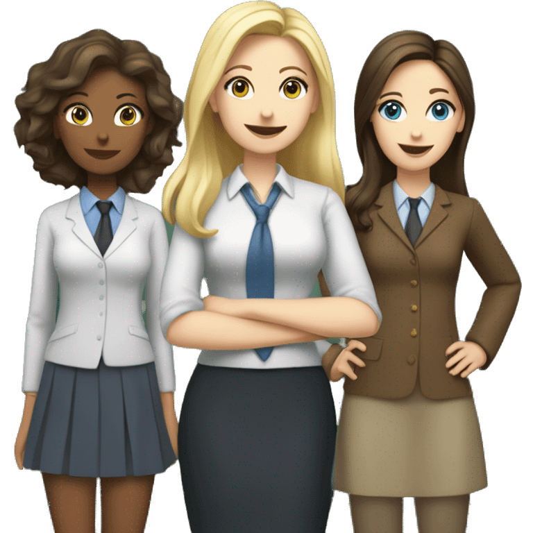 three girls dressed as teachers standing in front of a school board, two of them are brunettes and fair-skinned, one of them is blonde and fair-skinned with blue eyes emoji