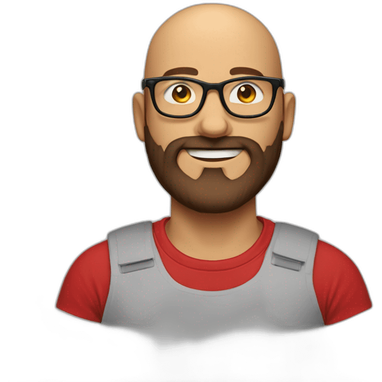 Bald man smiling with glasses and big bushy brown beard with. Wearing red t shirt emoji