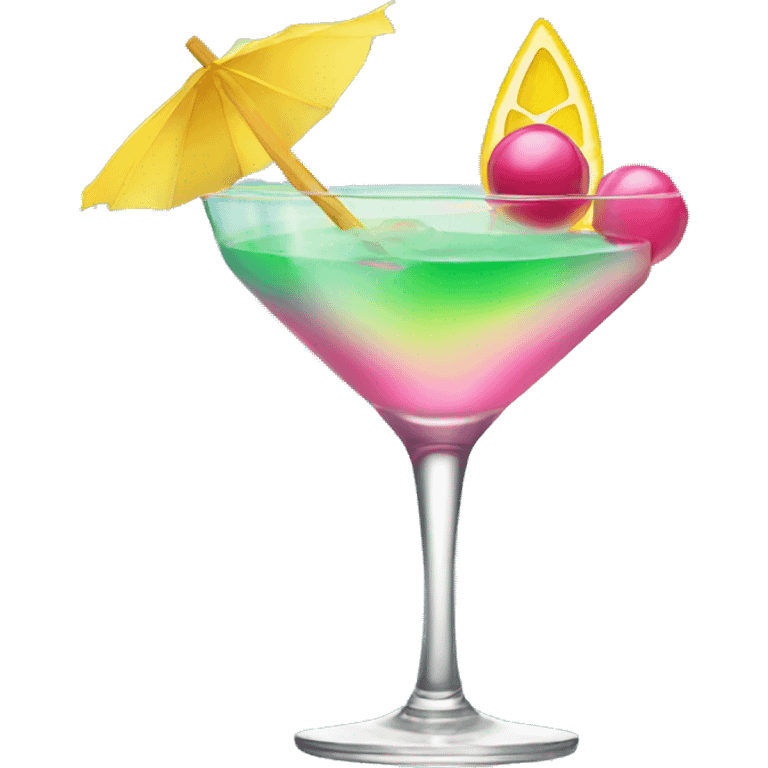 Bluish green cocktail with pink and yellow emoji