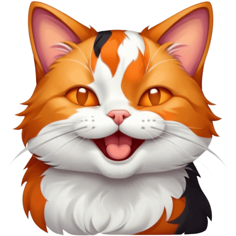 Cinematic Cute Yawning Calico Cat Portrait Emoji, Head tilted mid-yawn with a charming, relaxed expression, showcasing a soft patchwork fur of vibrant orange, black, and white, simplified yet irresistibly adorable, highly detailed, glowing with a cozy, gentle radiance, high shine, exuding sleepy yet endearing charm, styled with a soft glowing outline, capturing the essence of a calico cat caught in a delightful yawn that seems ready to cuddle up for a nap! emoji