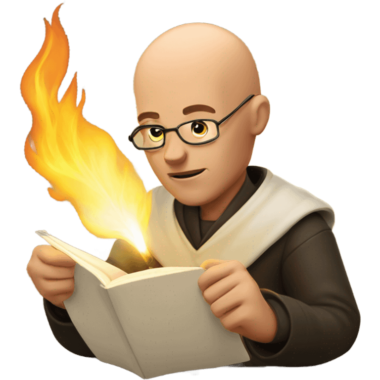 bald guy writing with a quill that's on fire emoji