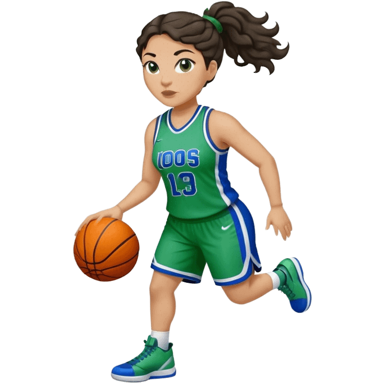 full body plus size light skin latino women basketball player with wavy dark hair in pony tail wide nose wearing green and blue uniform emoji