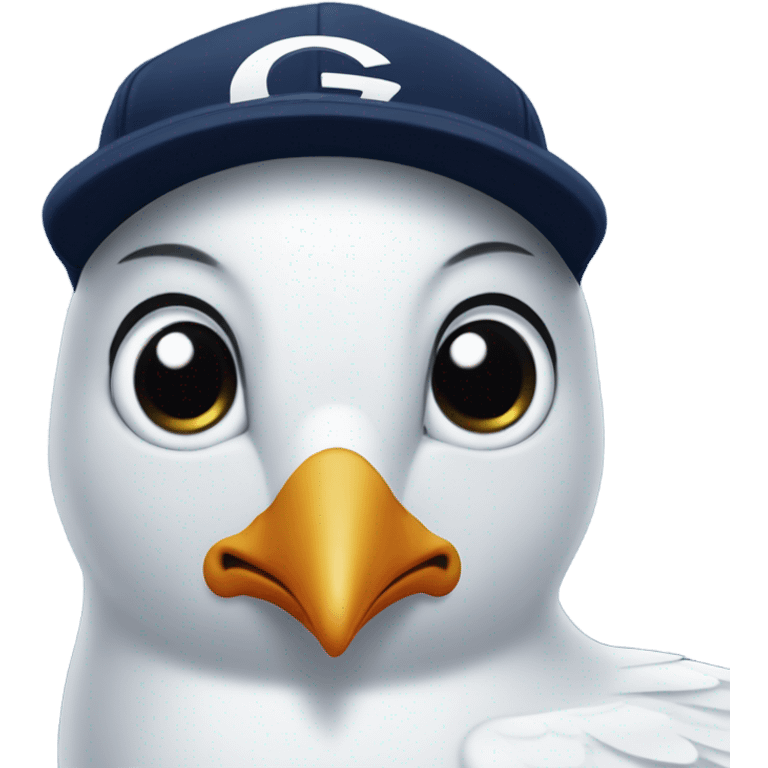 a seagull wearing a navy blue ball cap with G spelling on it  emoji