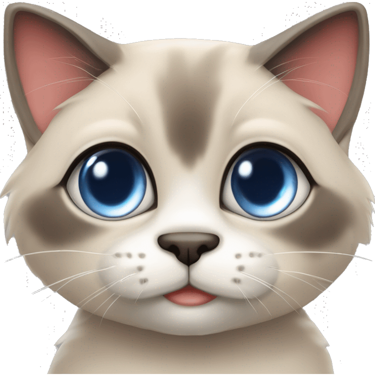 Long, chubby, cute, flat beige fur, blue round eyes, round pupils, Siamese and ragdoll mix cat, a grey face pattern, fur in his ears, wearing a red ribbon, a long slim tail, darker paws emoji