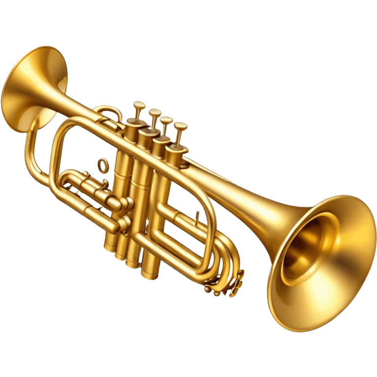 Cinematic Realistic Trumpet, rich golden brass with subtle tarnish marks, soft highlights emphasizing the intricate details, warm reflections of stage lighting bouncing off the metal, glowing with bold and triumphant energy. emoji