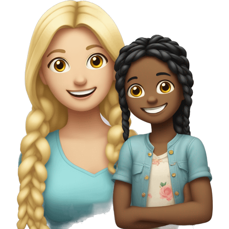 An emoji of a blonde mother with very long hair and a cheerful expression, standing next to her 3-year-old daughter, a small girl with black hair styled in two braids, both smiling happily together emoji