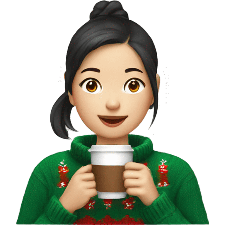 asian girl drinking coffee wearing Christmas sweater emoji