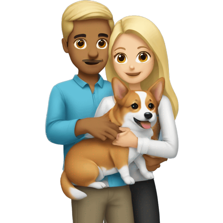 blonde girl with arab guy holding a corgi in their arms emoji