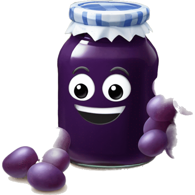 Grape jam in a jar sitting on a nice table with smiling grapes emoji