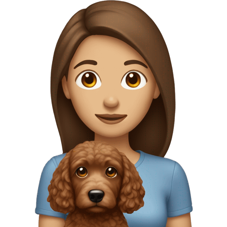 woman with straight brown hair holding a brown mini golden doodle emoji