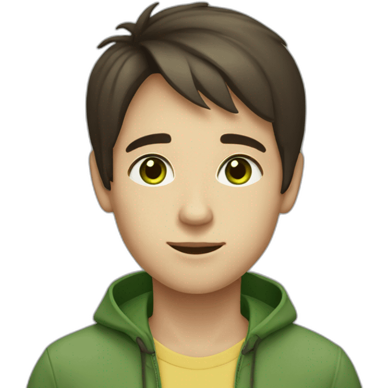 a boy with a short cut with dark brown slightly straught forward hair with green brown eyes and a pale complexion emoji