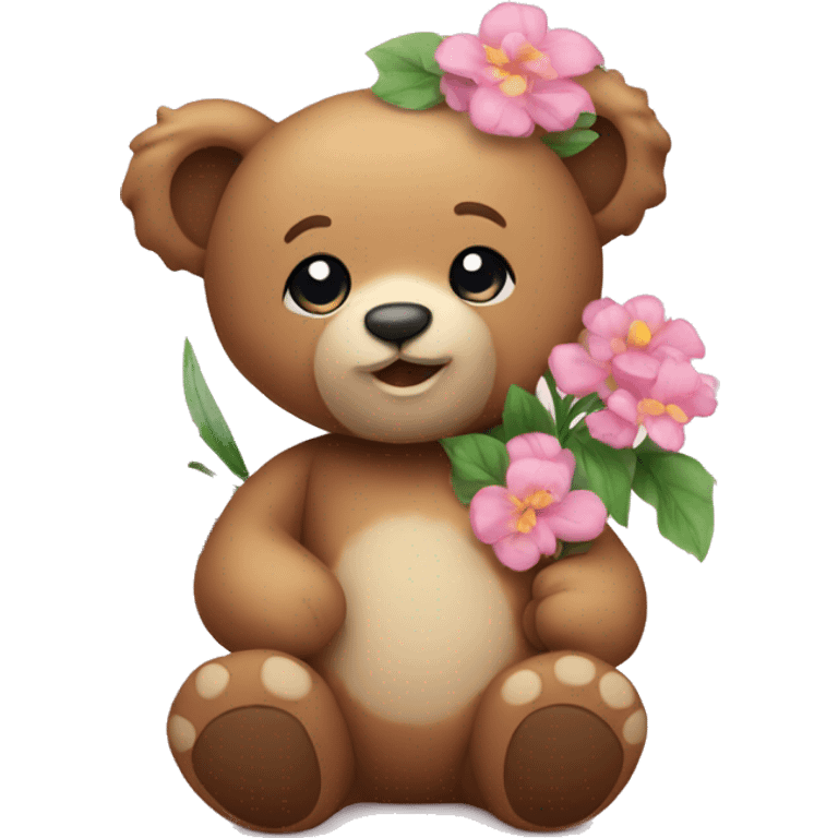 Cute teddy bear with flowers  emoji