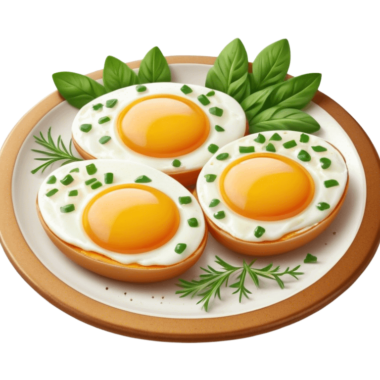 Cinematic sunny-side-up eggs, perfectly cooked with glossy yolks, crispy golden edges, sprinkled with fresh herbs, served on a rustic plate, bright and inviting, highly detailed and appetizing. emoji