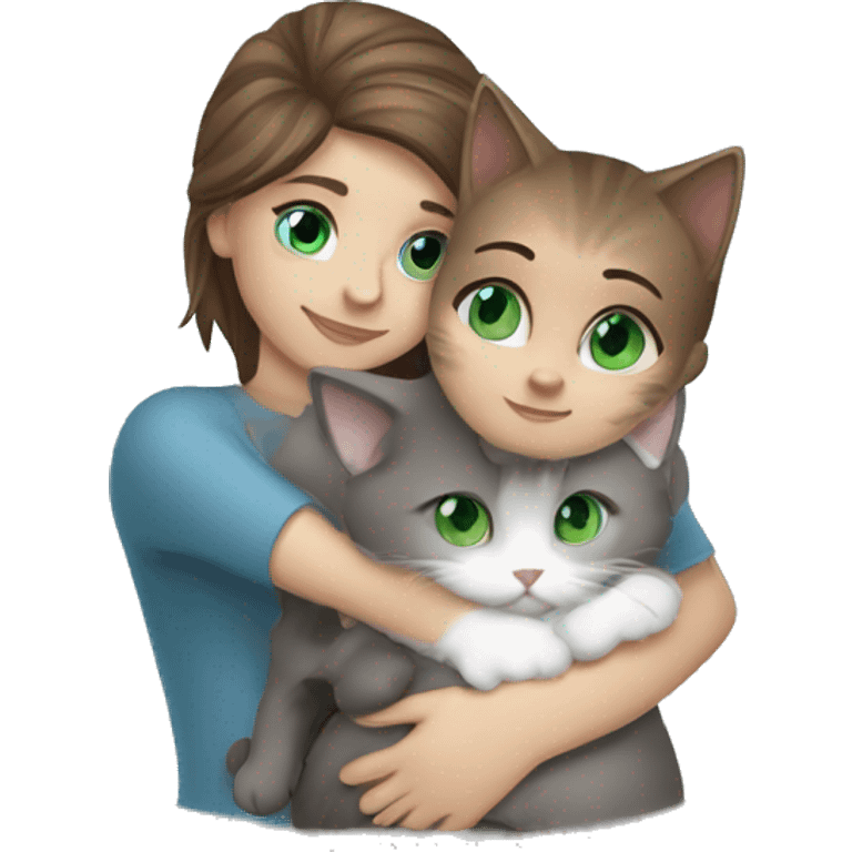 blue eyes grey kitten and brown hair green eyes girl hugs emoji