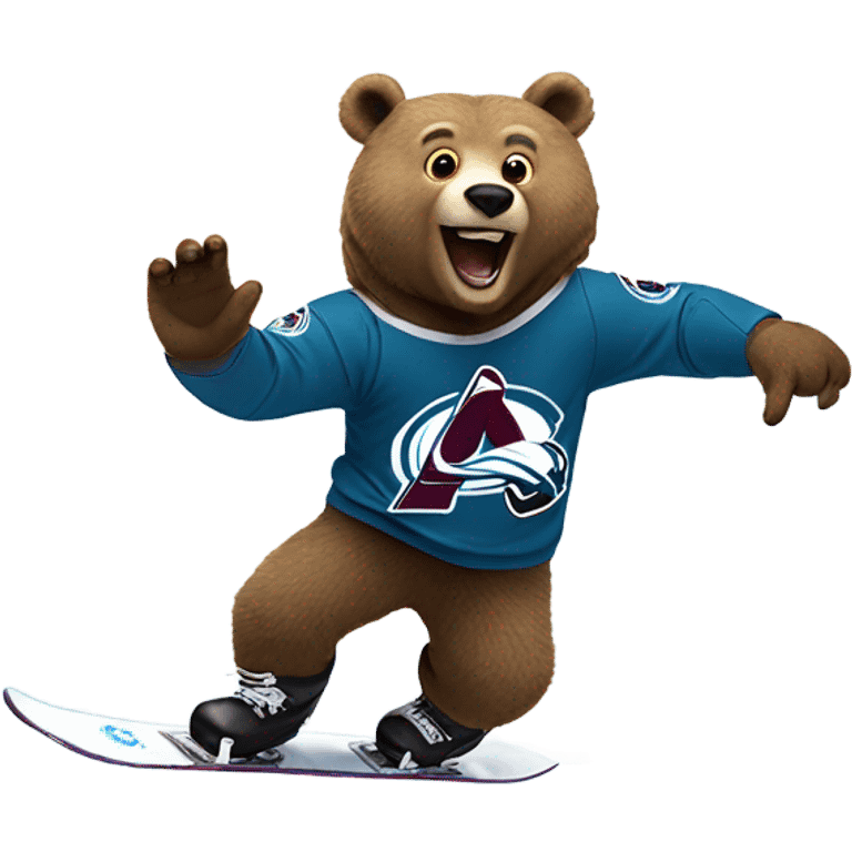 Bear on a snowboard in Colorado avalanche jersey doing hardcore tricks emoji