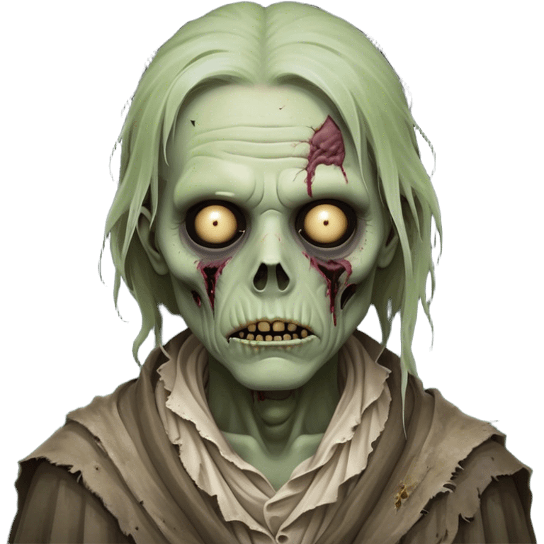 Cinematic Noble Zombie Portrait Emoji, Surprisingly dignified and somber, with a decaying yet strangely regal visage in ashen grays and muted tones, draped in tattered attire hinting at a lost grandeur, simplified yet meticulously detailed, glowing with a soft, eerie radiance and a gentle outline that evokes the tragic nobility of the undead! emoji