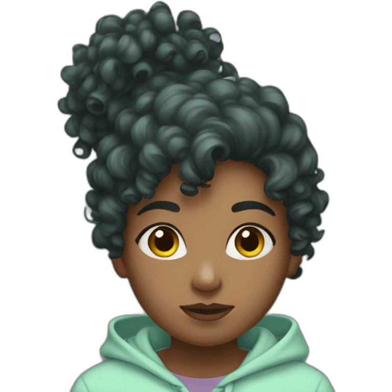 Dark curly hair girl in mint hoodie emoji