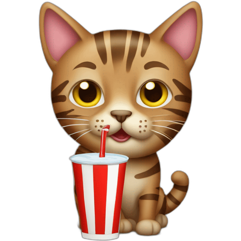 A striped brown cat  drinking a soda emoji