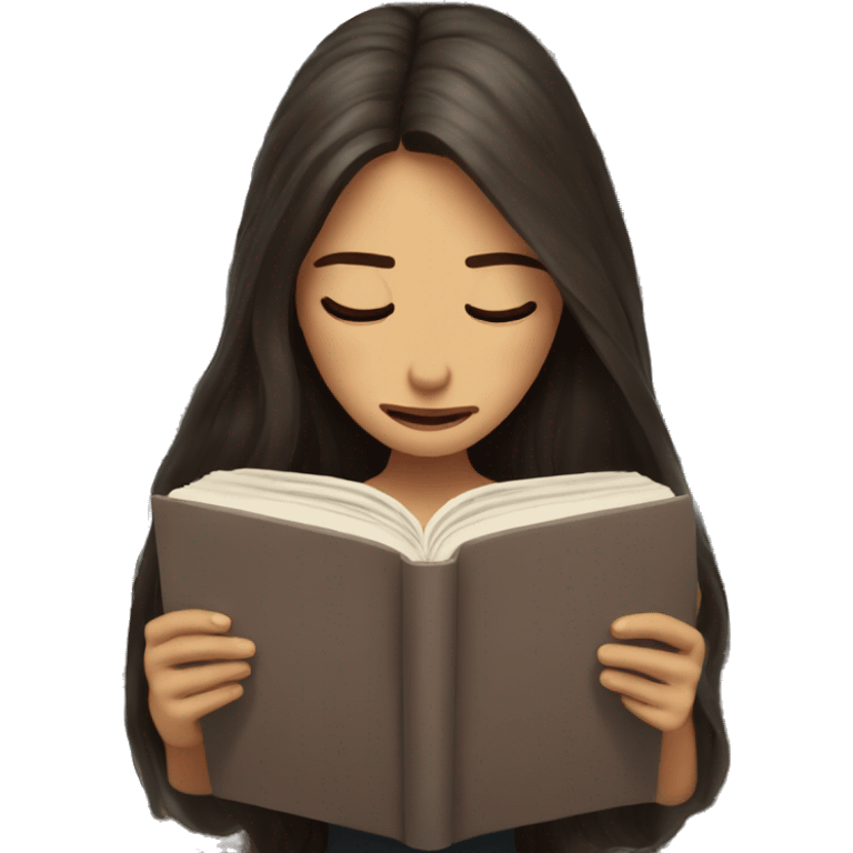 brunette long hair woman crying tears down face while holding and reading book emoji