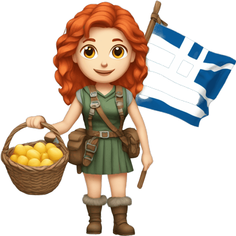 red hair female winter mountaineer offering Easter basket and Greek flag emoji