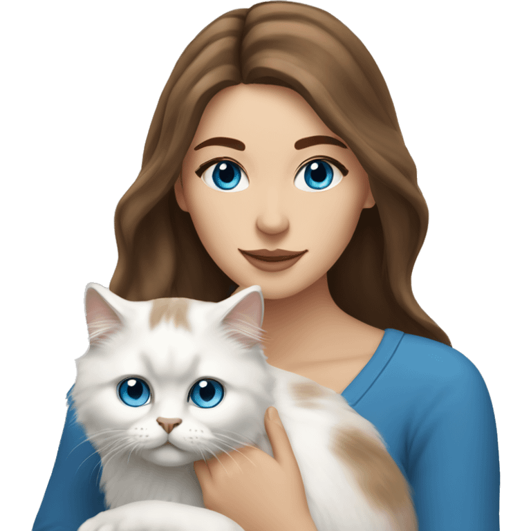 woman with long brown hair and holding a all white Siberian cat with blue eyes emoji