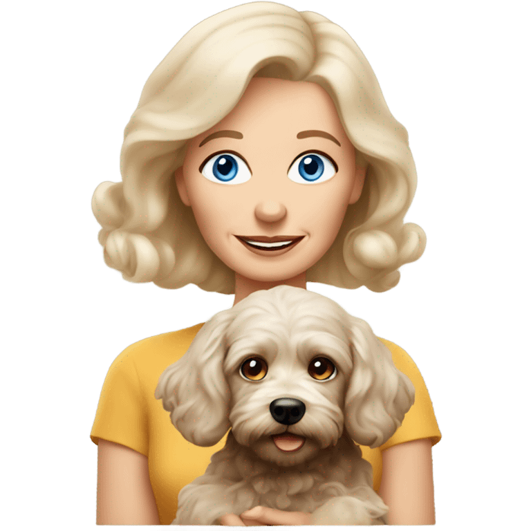 blue eyed old blonde lady with dark brown Cockapoo puppy dog emoji