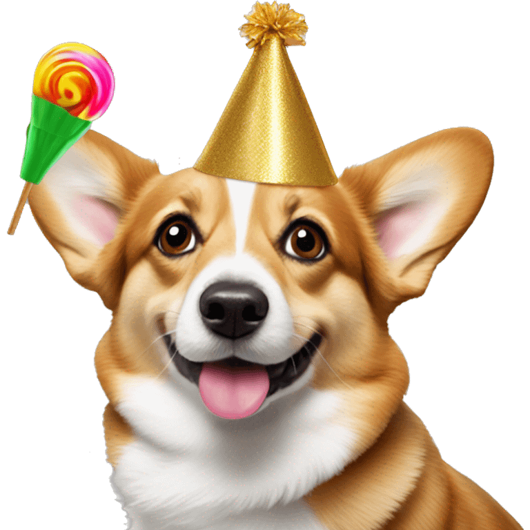 Corgi with a New Year's elf hat and a New Year's lollipop emoji