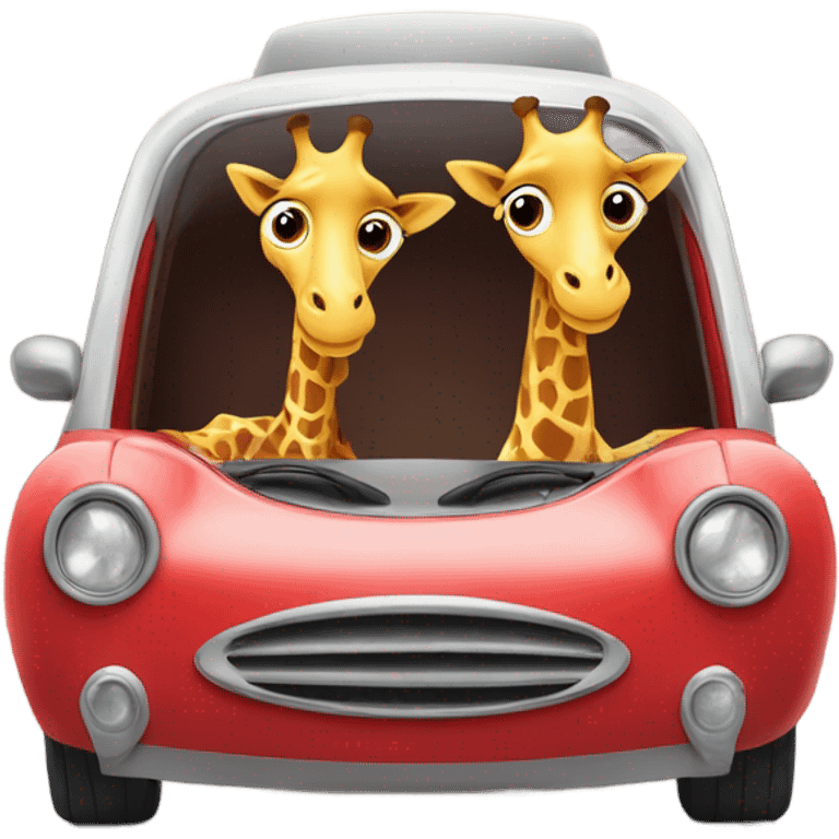 two cute giraffes driving in a red car emoji