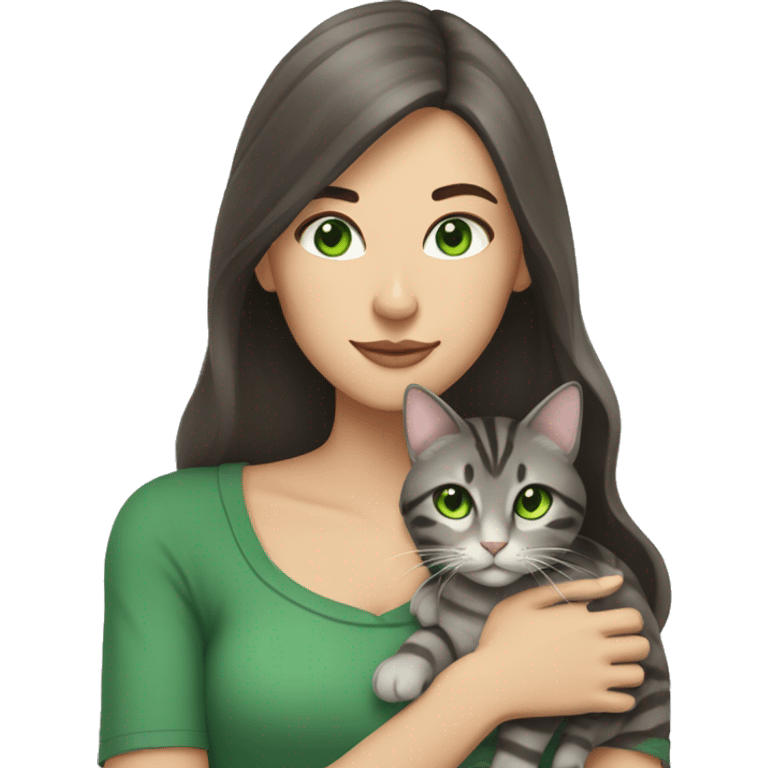 A woman with long dark brown hair and green eyes holds a gray tabby cat with green eyes in her arms emoji