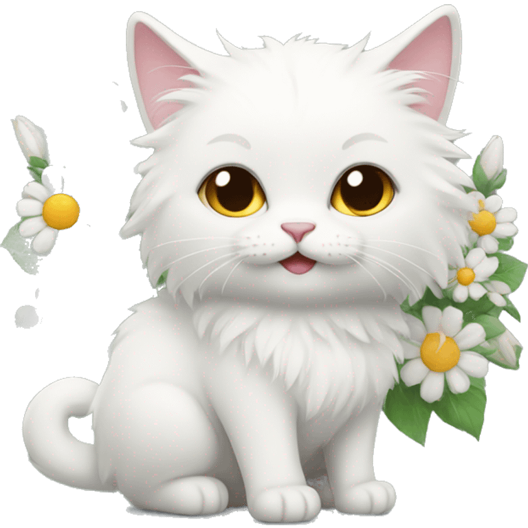 Fluffy white cat with flowers  emoji