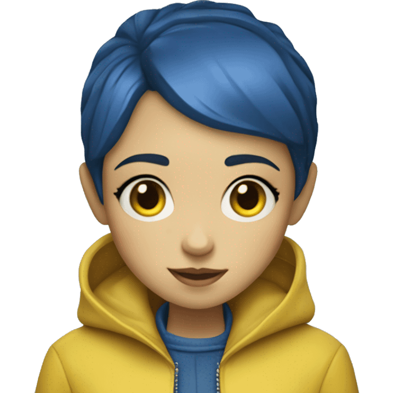 Coraline Jones girl in yellow raincoat short blue hair with freckles emoji