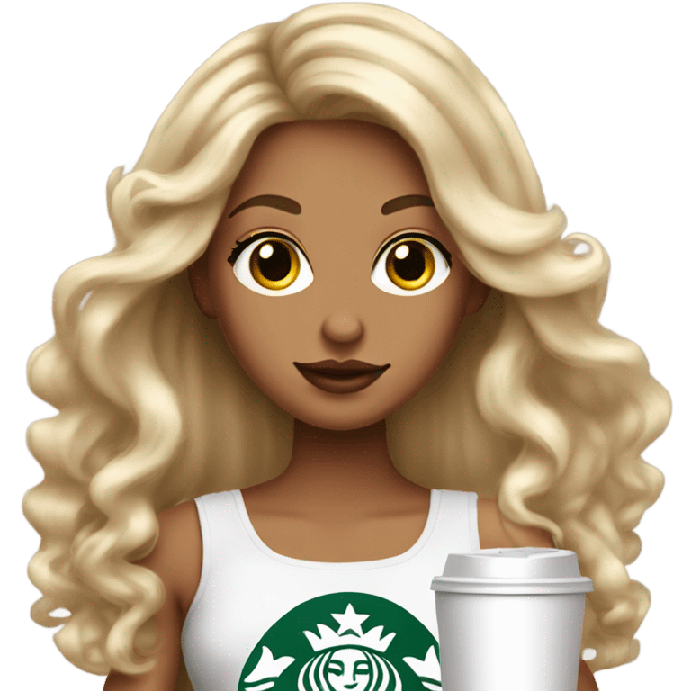 Tanned girl with long blonde hair extensions with big lips and lashes with a Starbucks in her hand. emoji