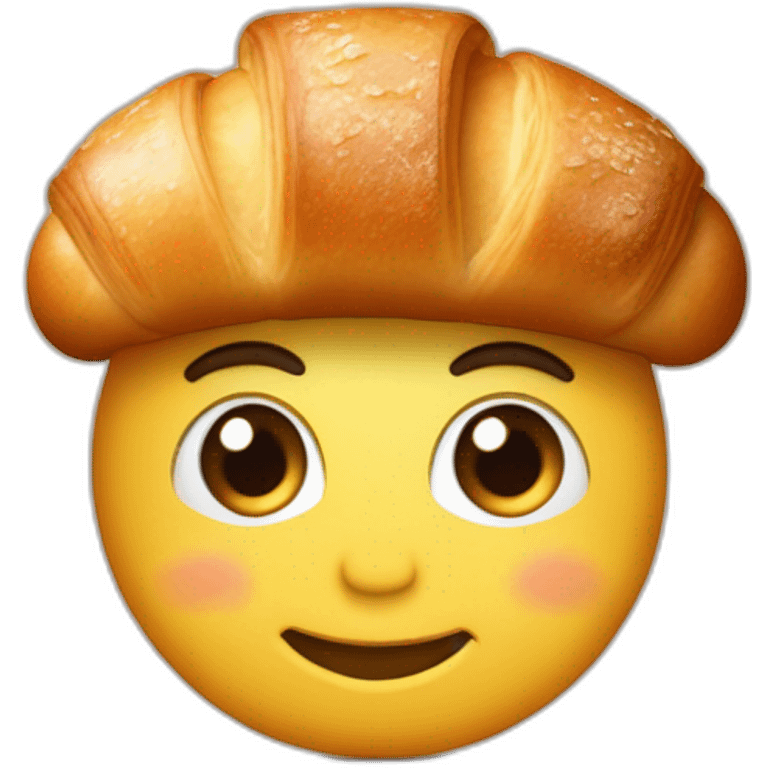 Une boulangère qui tiens un croissant et un pain au chocolat avec une baguette dans son dos ayant un visage confiant. emoji