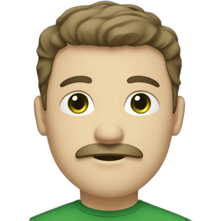 white man with moustache, short brown hair fringe, dark green eyesgreen  emoji