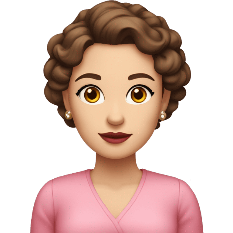 She is white, she has soft features, fair skin, and almond-shaped eyes. Her defined eyebrows and natural pink lips frame her face. Her dark, wavy hair is partially tied back, giving her an elegant yet relaxed look. She wears a luxurious red V-neck dress.
 emoji