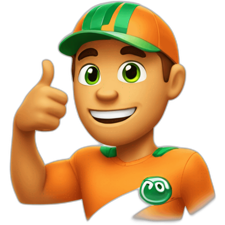 pixar like image orange jaguar green eyed athletic with liht smile with a thumbs up emoji