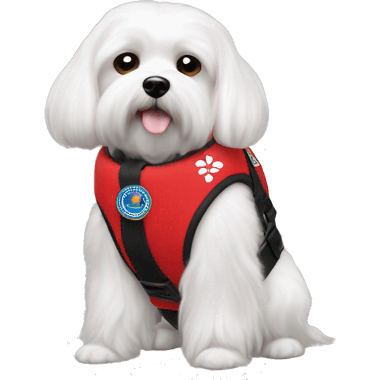 Maltese service dog wearing a red service dog vest with to bleck straps one in the front one around the belly  emoji