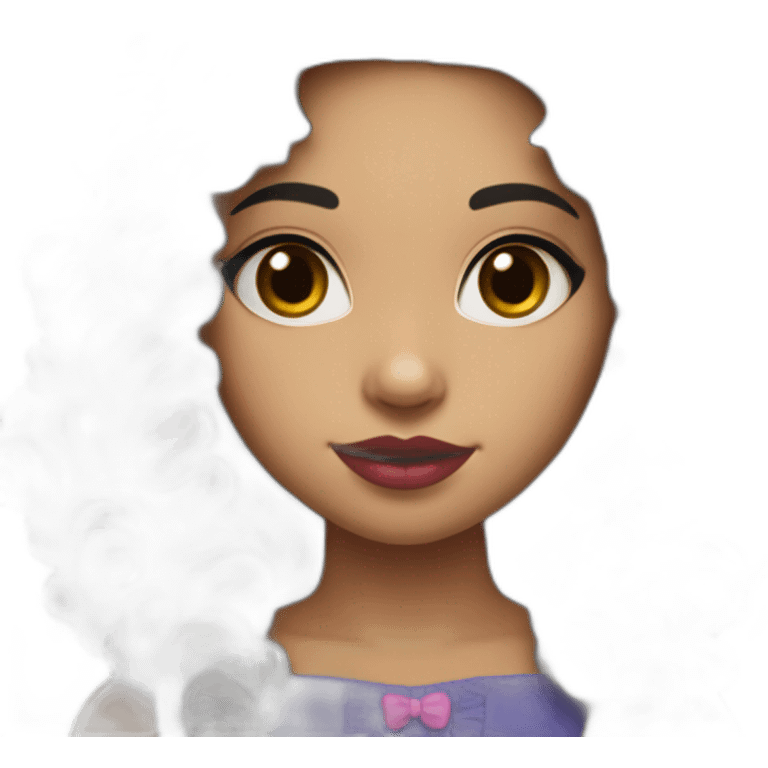 A cute Métis girl with a very clear complexion. She has black hair with large curls, which descend to her shoulders, and a pink lipstick on luscious lips. emoji