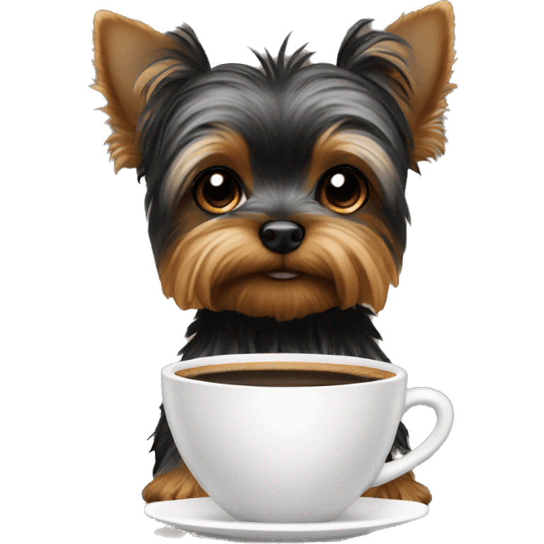 black yorkie sitting at a table drinking coffee emoji