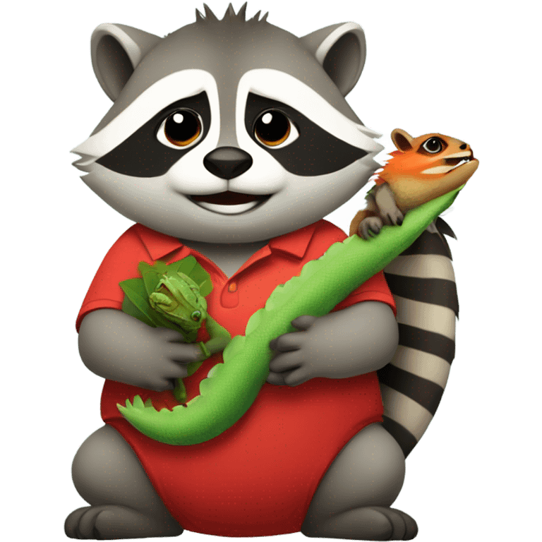 Chubby raccoon wearing a red polo and holding an iguana emoji