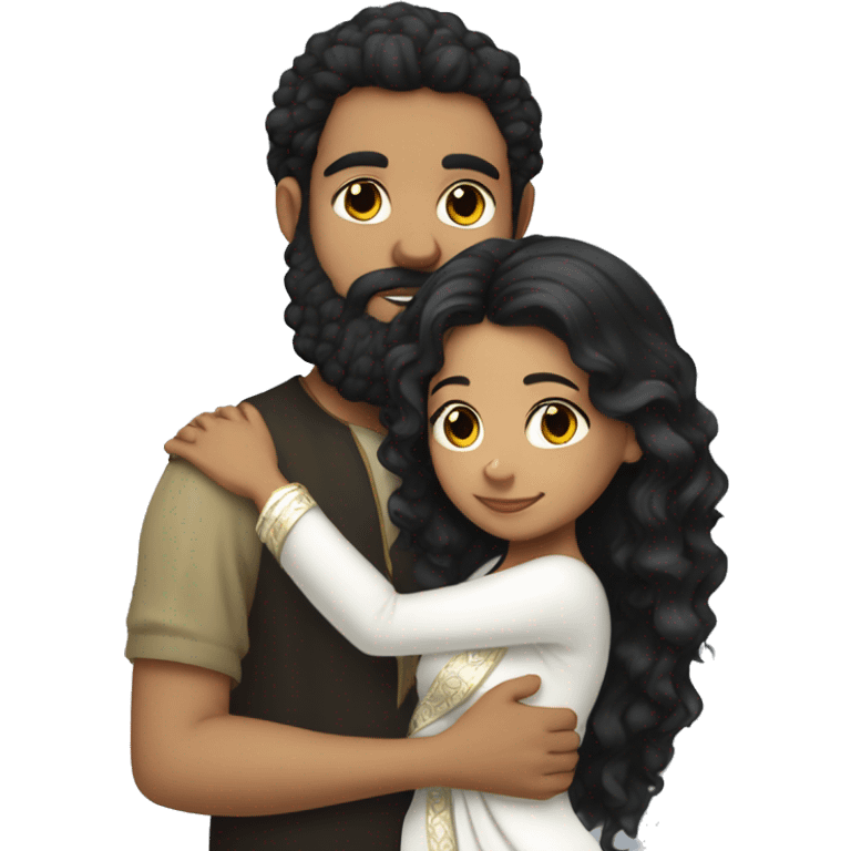 Light skin;Black long hair girl  in a white saree hugging with a man with black beard and curly hair on top emoji