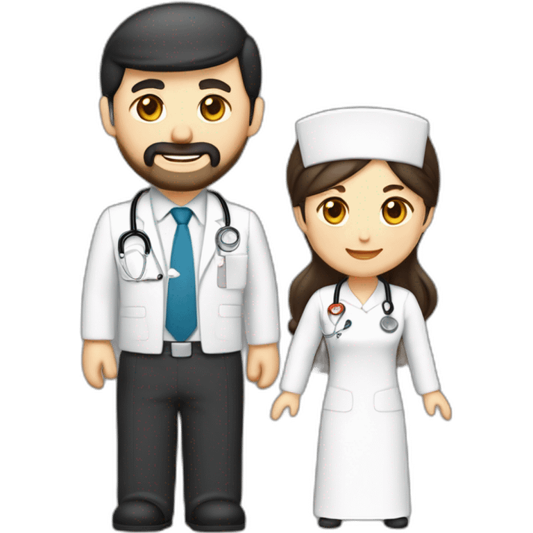 husband executive caucasian middle age trimmed beard business suit and open bible, with wife asian age 55 dark hair nurse uniform nurse cap emoji