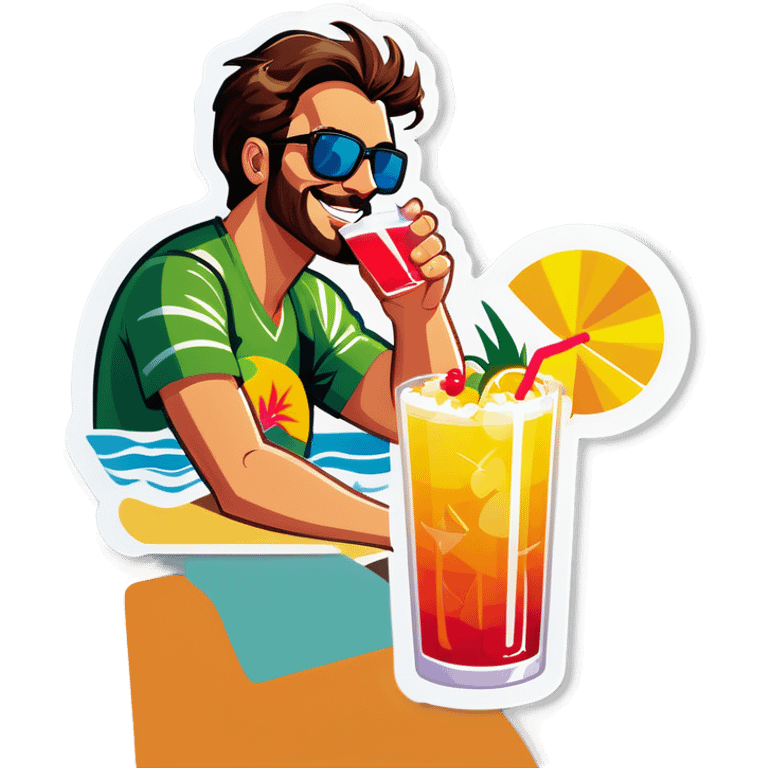 Chris drinking a tropical cocktail at the beach emoji