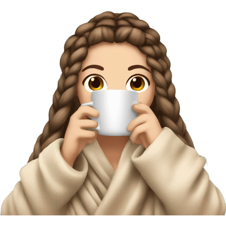 white girl with brunette double braid hair in beige cozy blanket drinkin coffe in beige mug emoji