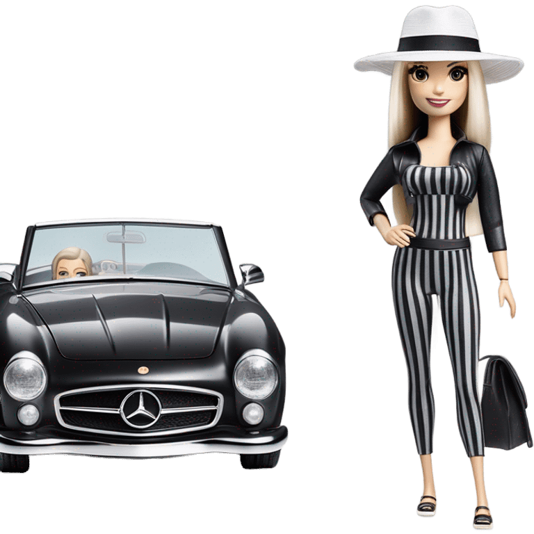 Beach Beauty Barbie, 1965 Wednesday Addams from academy, in dark-gray and black striped outfit with hat. Smiling Driving Mercedes convertible sports car. Pale-white porcelain skin.  emoji