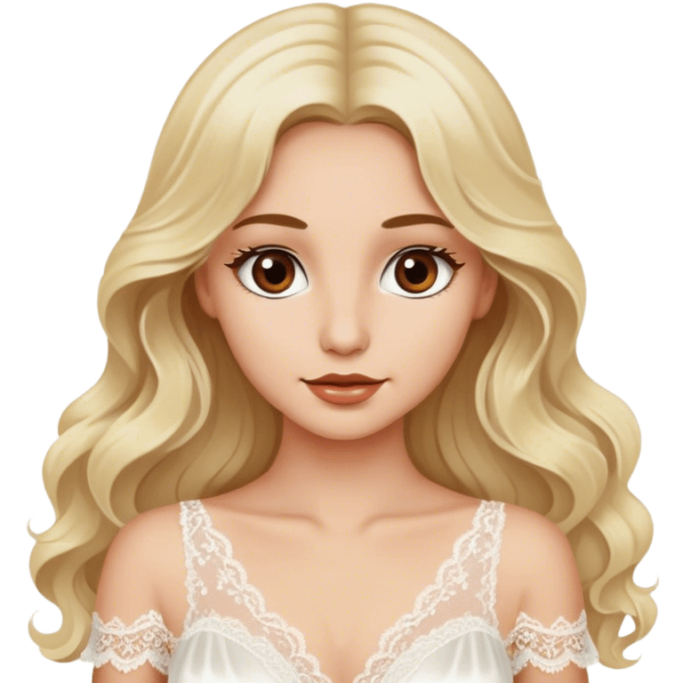 Blonde model with brown eyes, long wavy hair, honeymoon, white silk and lace dress emoji