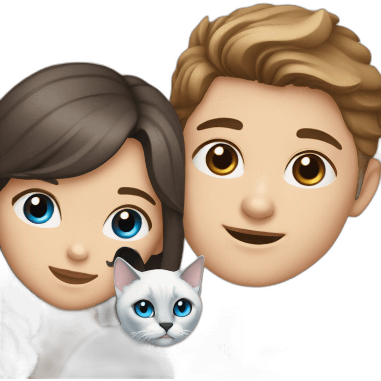 Brown haired girl and brown eyes with blond haired boy and blue eyes with blued eyes Siamese cat emoji