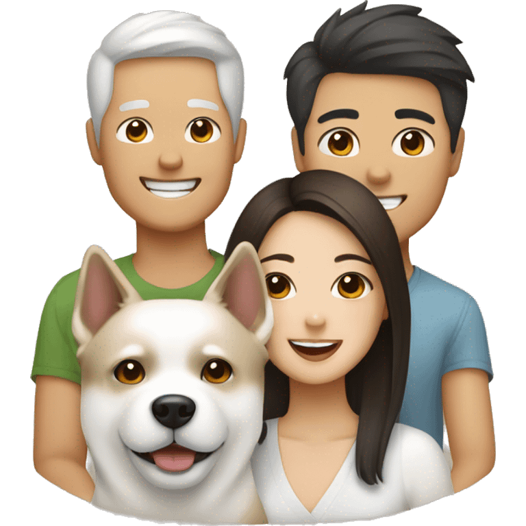 Happy Asian couple with White Japanese Akita and brown Maltese emoji