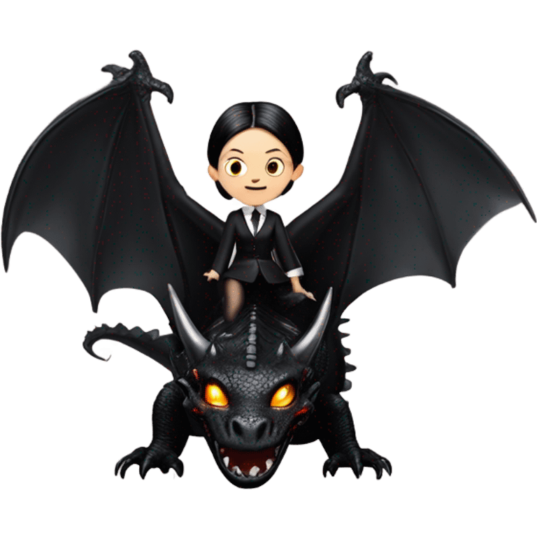 empowered and glamorously dressed, Teen Wednesday Addams Malibu Beach Barbie Jedi flying/riding on the back of a very large black shiny evil-looking fire-spewing horned dragon. proper scale emoji